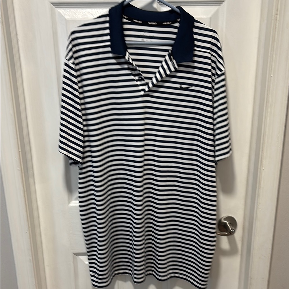 Nike Navy and White Striped Polo Shirt